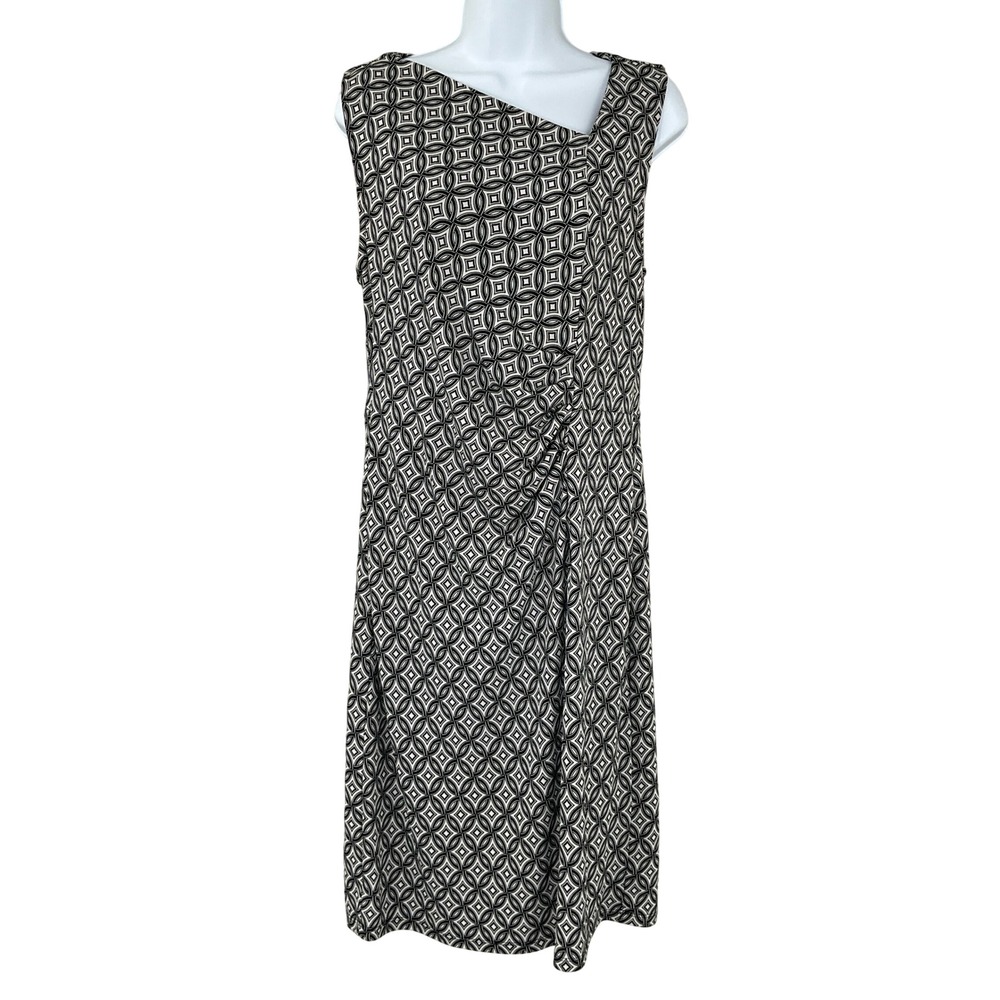 Talbots Geometric Print Asymmetrical Neckline Ruched‎ Dress Sz L Classy Office